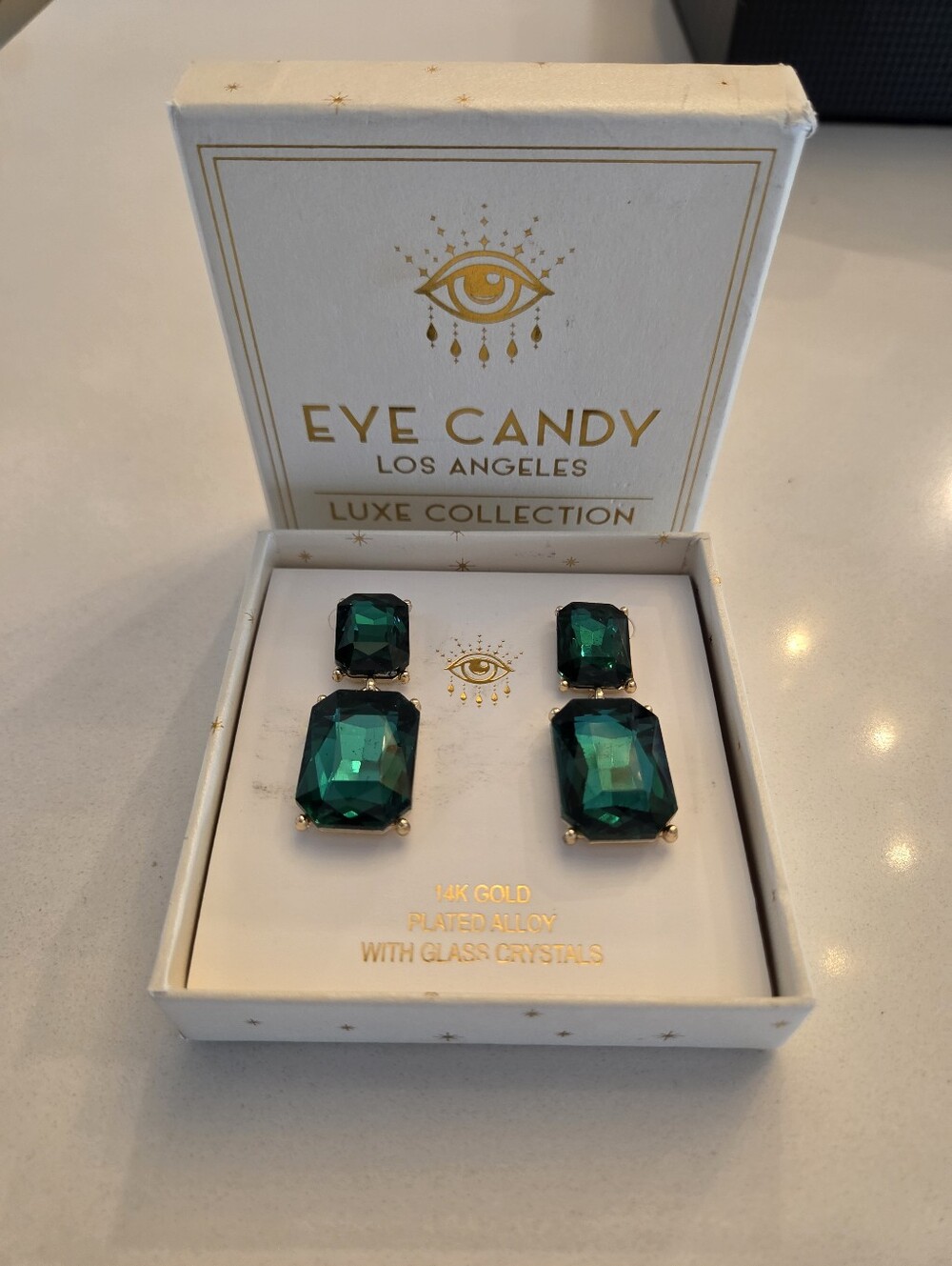 Green Emerald Glass Crystal Drop Earrings - Luxe Collection